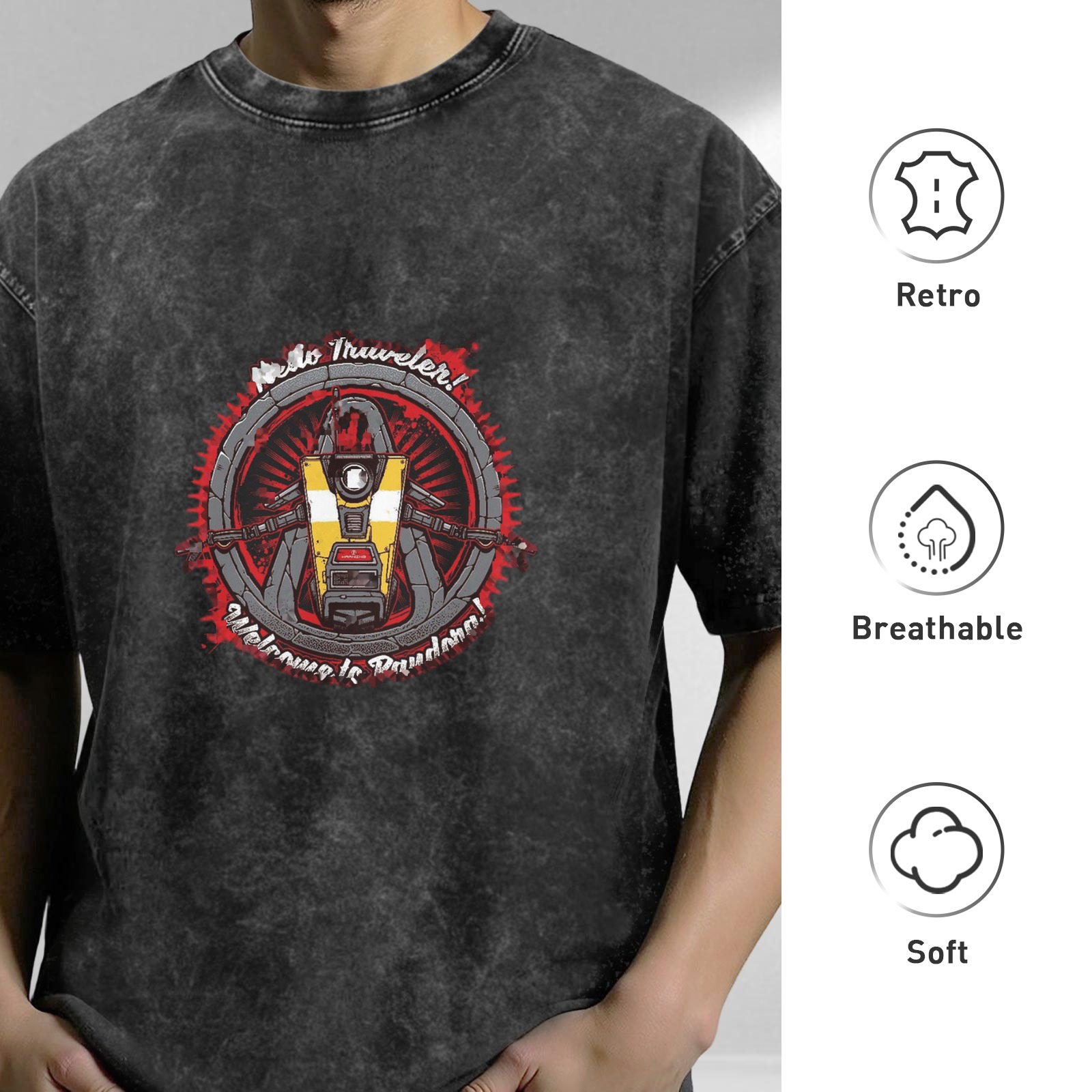 Borderlands Claptrap 'Hello Traveler! Welcome to Pandora!' Acid Wash Oversized T-Shirt