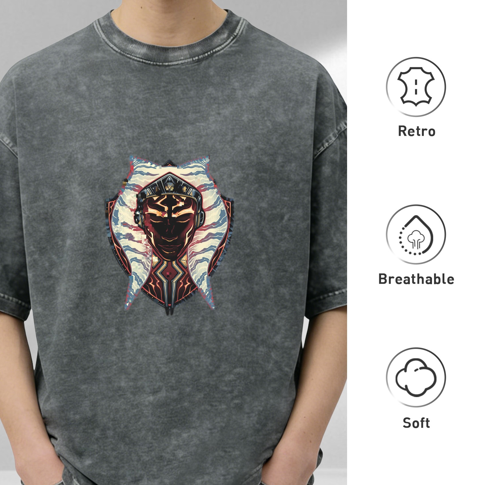 Washed Black T-Shirt With Ahsoka Tano Graphic Print