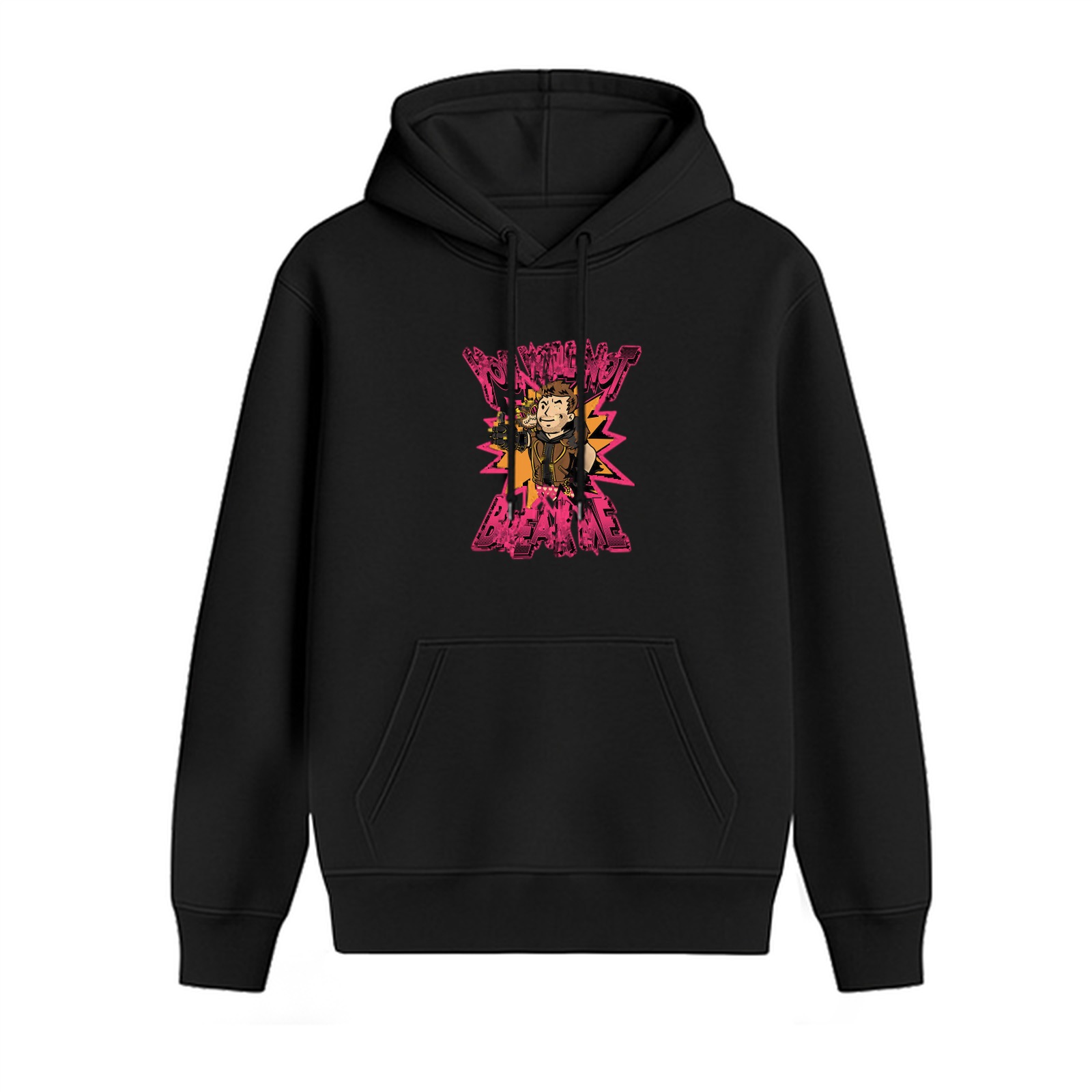 Black Hoodie With Bright Pink Cartoon Graphic Print Design