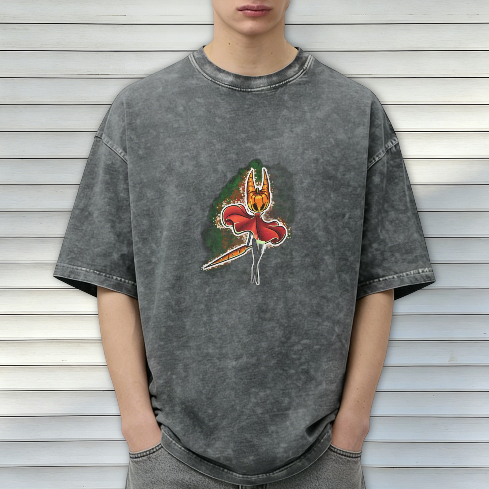 Washed Black T-Shirt with Pumpkin Horned Character Graphic