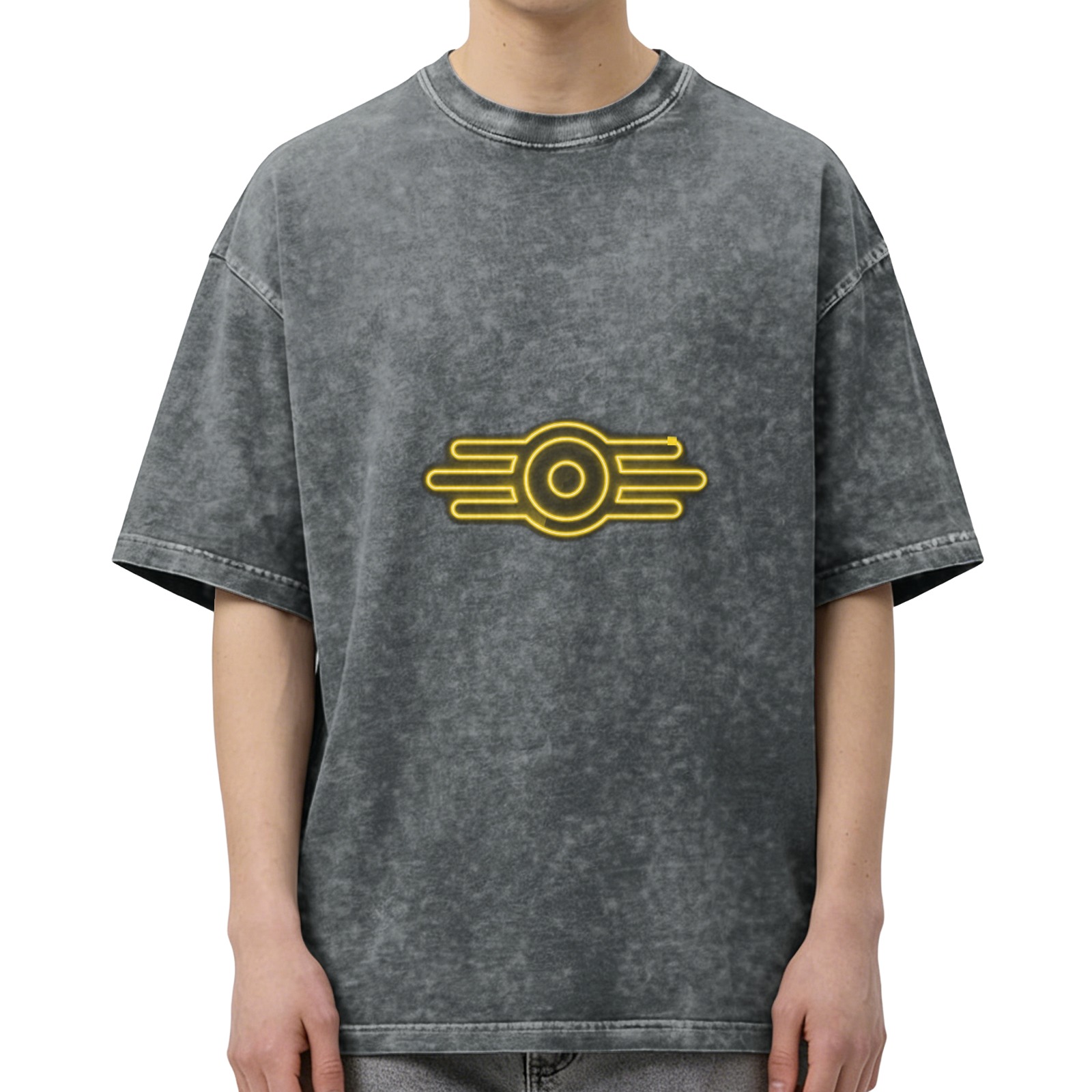 Washed Black Oversized T-Shirt With Neon Vault Boy Style Emblem