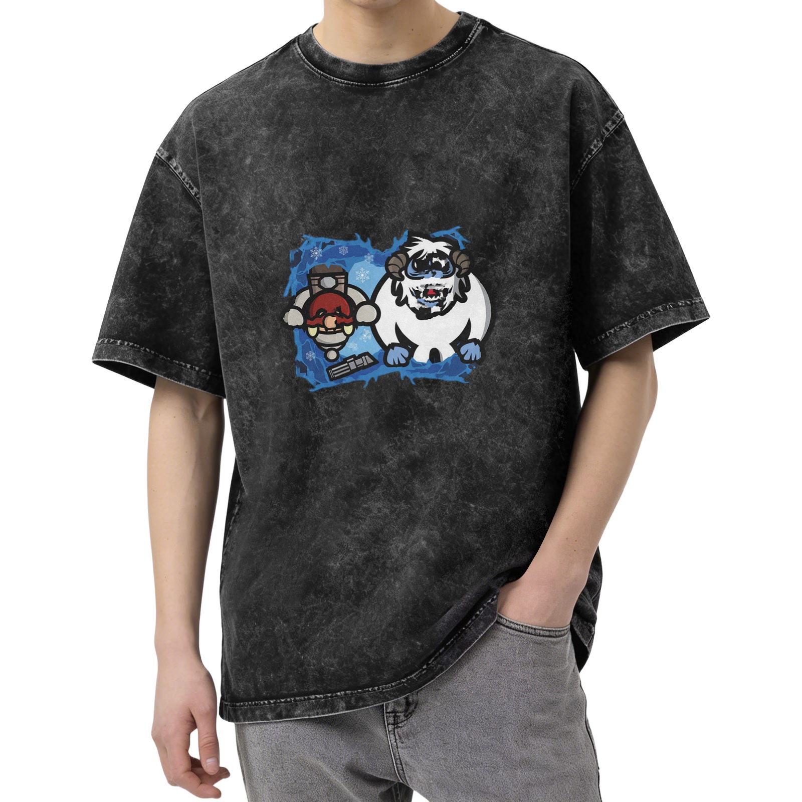 Washed Black T-Shirt with Cartoon Yeti and Winter Character Graphic