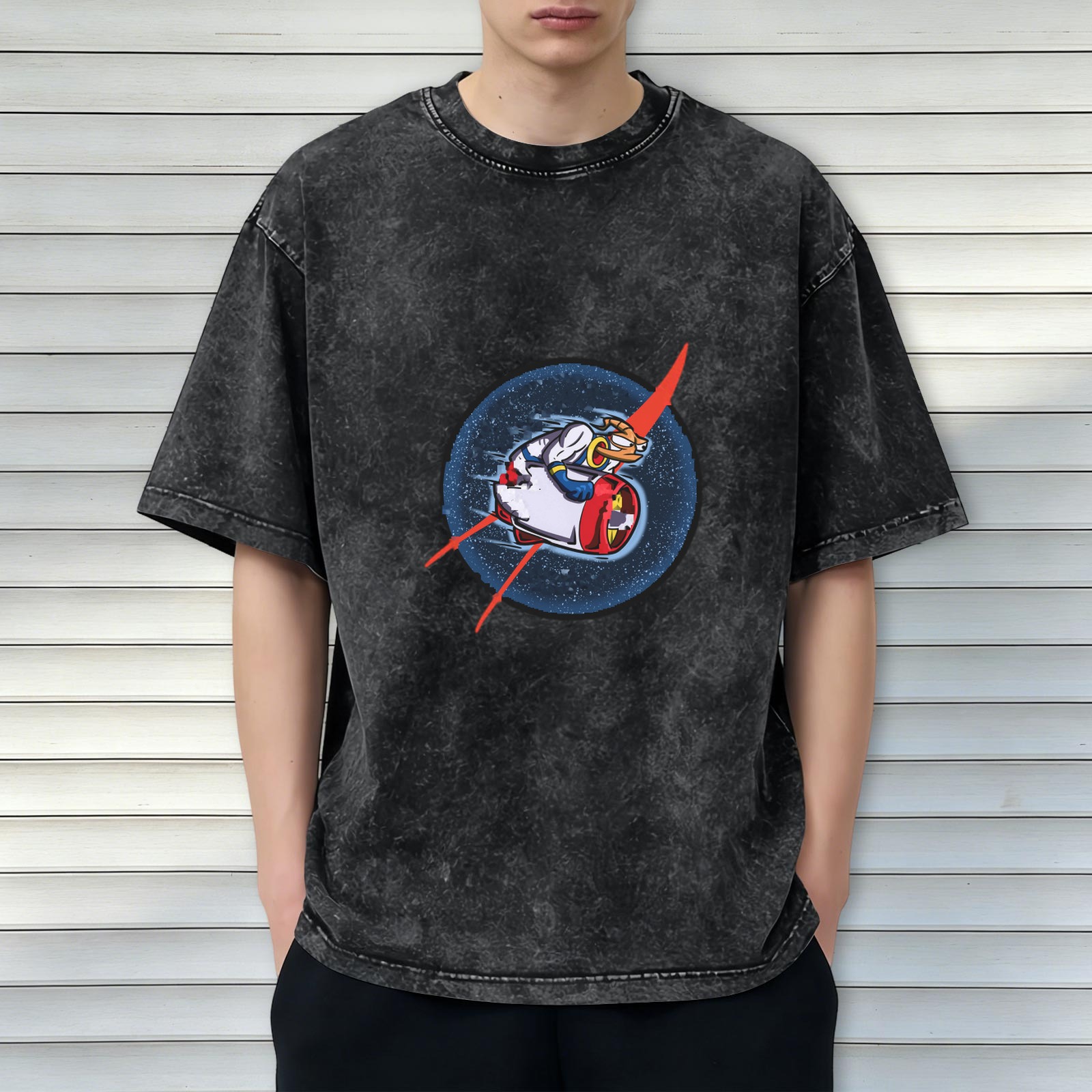 Oversized Acid Wash T-Shirt With Retro Space Duck Graphic Print