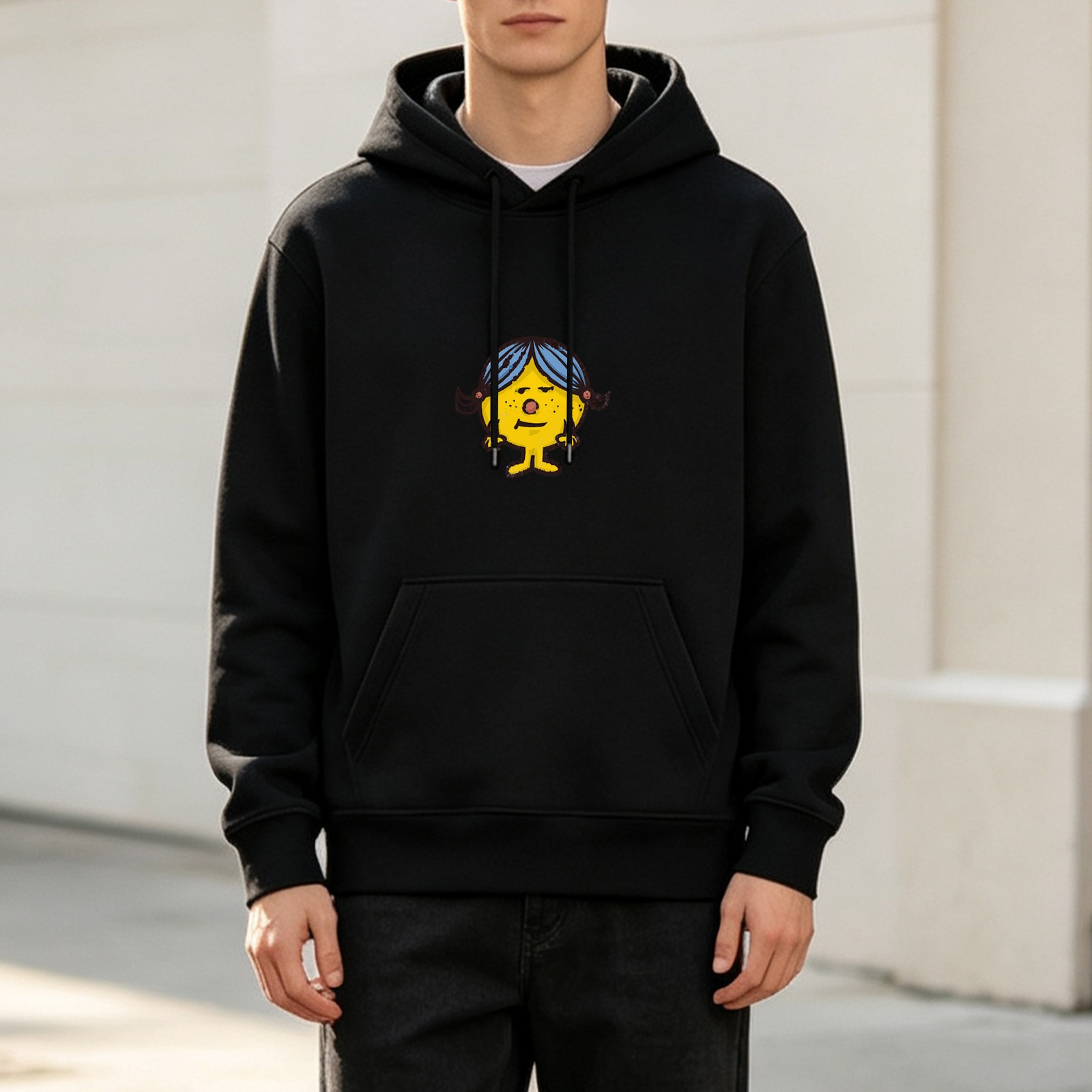 Black hoodie with yellow cartoon character graphic