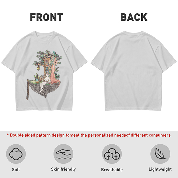 Olive t-shirt with whimsical floating treehouse reading scene print