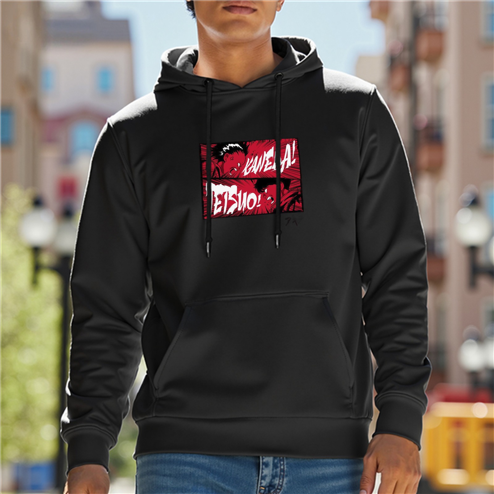 Black hoodie with Akira Kaneda Tetsuo anime graphic print