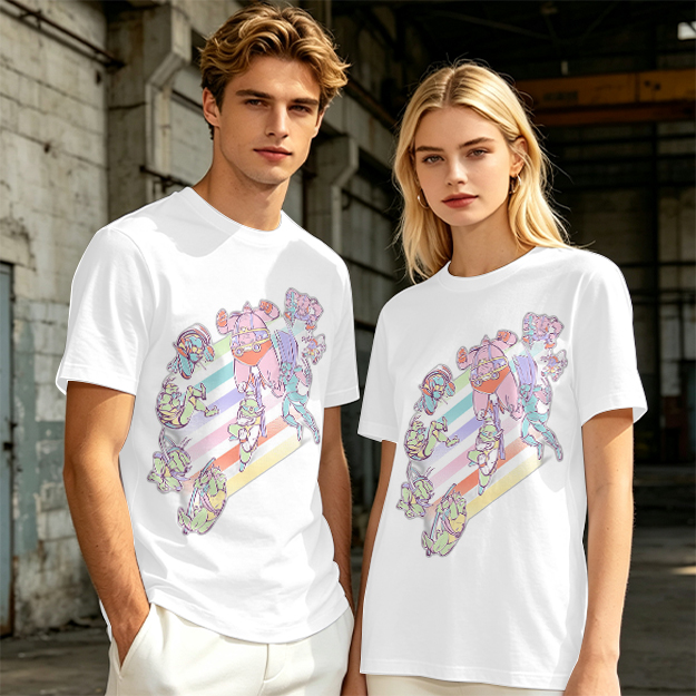 Olive Green T-Shirt With Pastel Whimsical Character Art Print