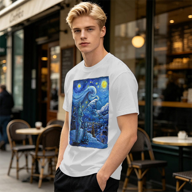 Olive T-Shirt with Starry Night Alien Landscape Art Print