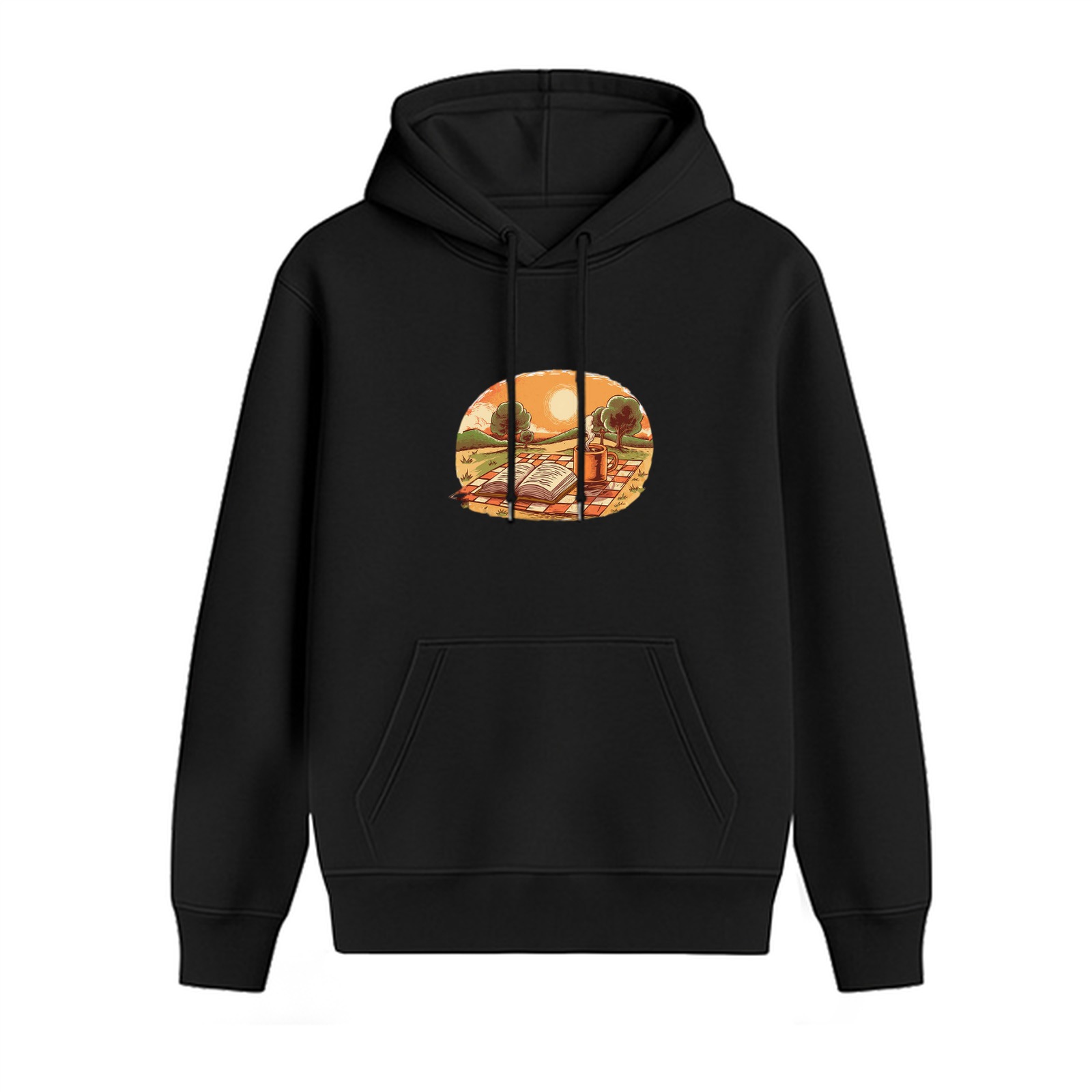 Black hoodie with sunset picnic and open book graphic