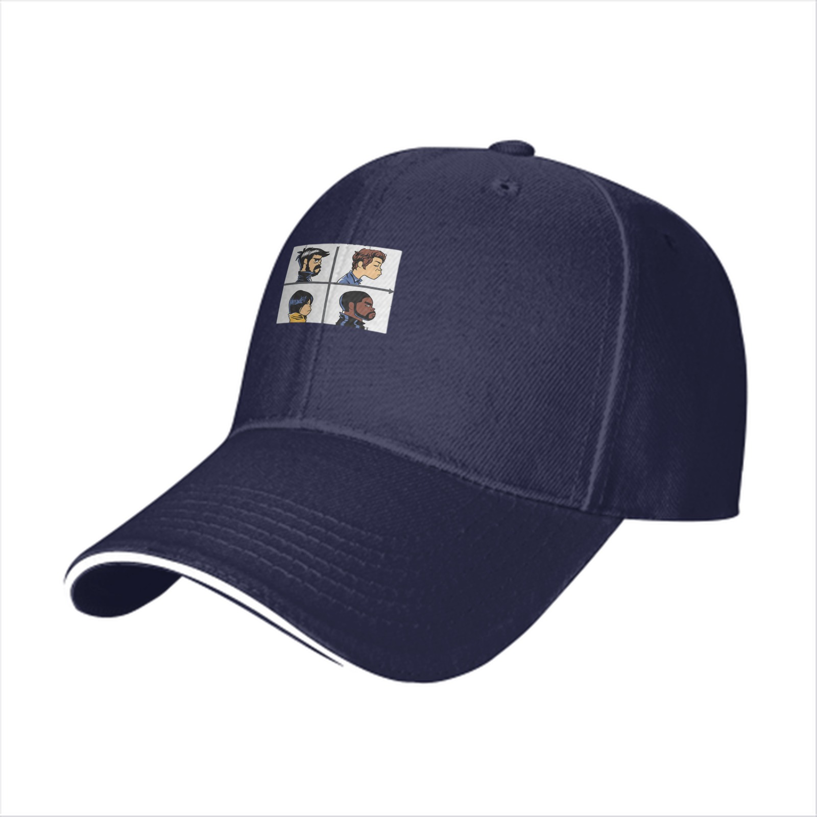 Black Baseball Cap With Four Character Profile Print Design
