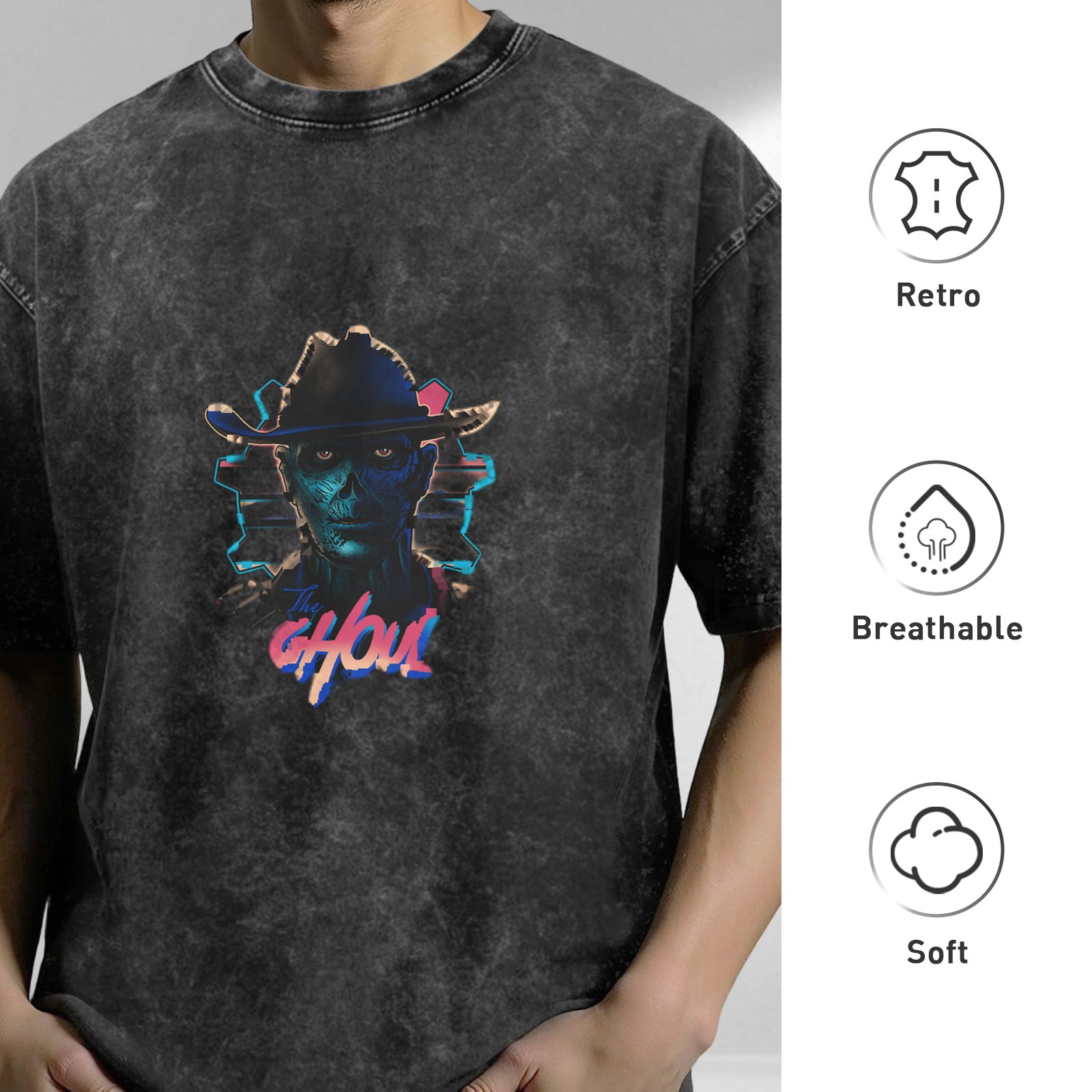 Washed Black T-Shirt with Retro The Ghoul Cowboy Skull Graphic