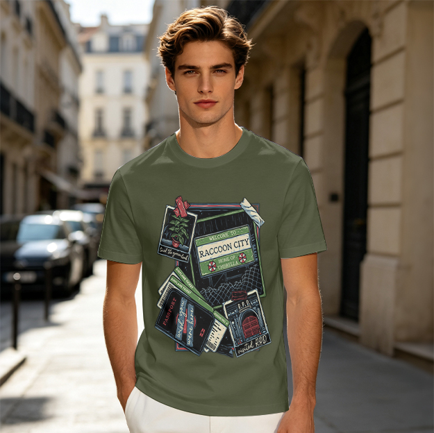 Olive green graphic tee with Raccoon City travel collage print