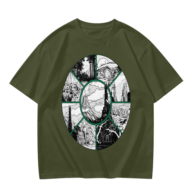 Olive Green T-Shirt With Circular Fantasy Landscape Art Print