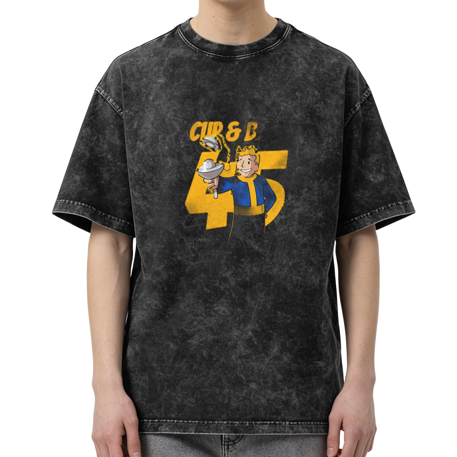 Oversized faded t-shirt with Vault Boy Cup & B 45 graphic