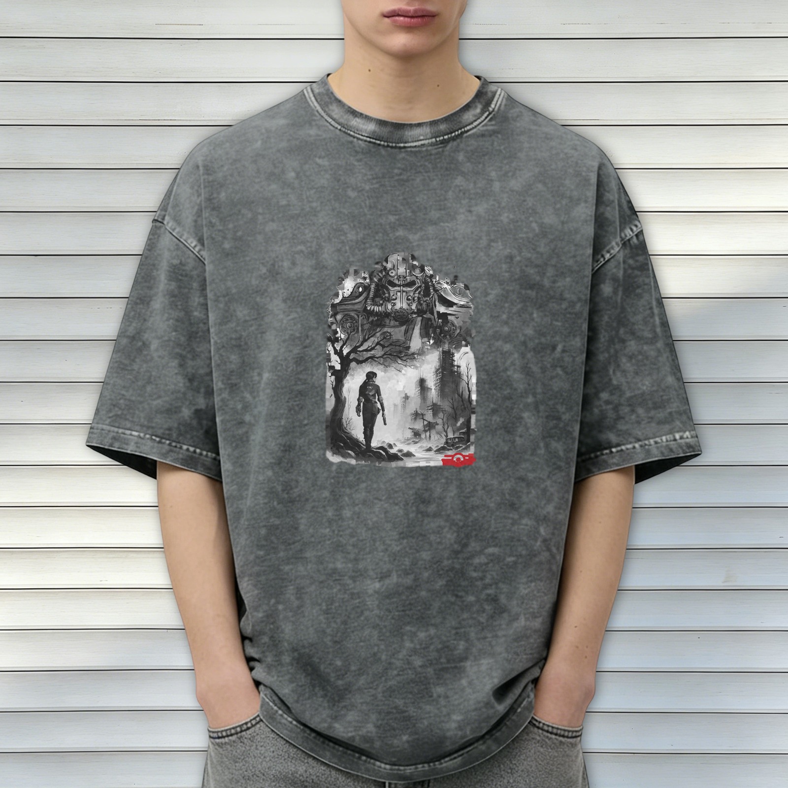 Distressed black wasteland style printed short-sleeved T-shirt