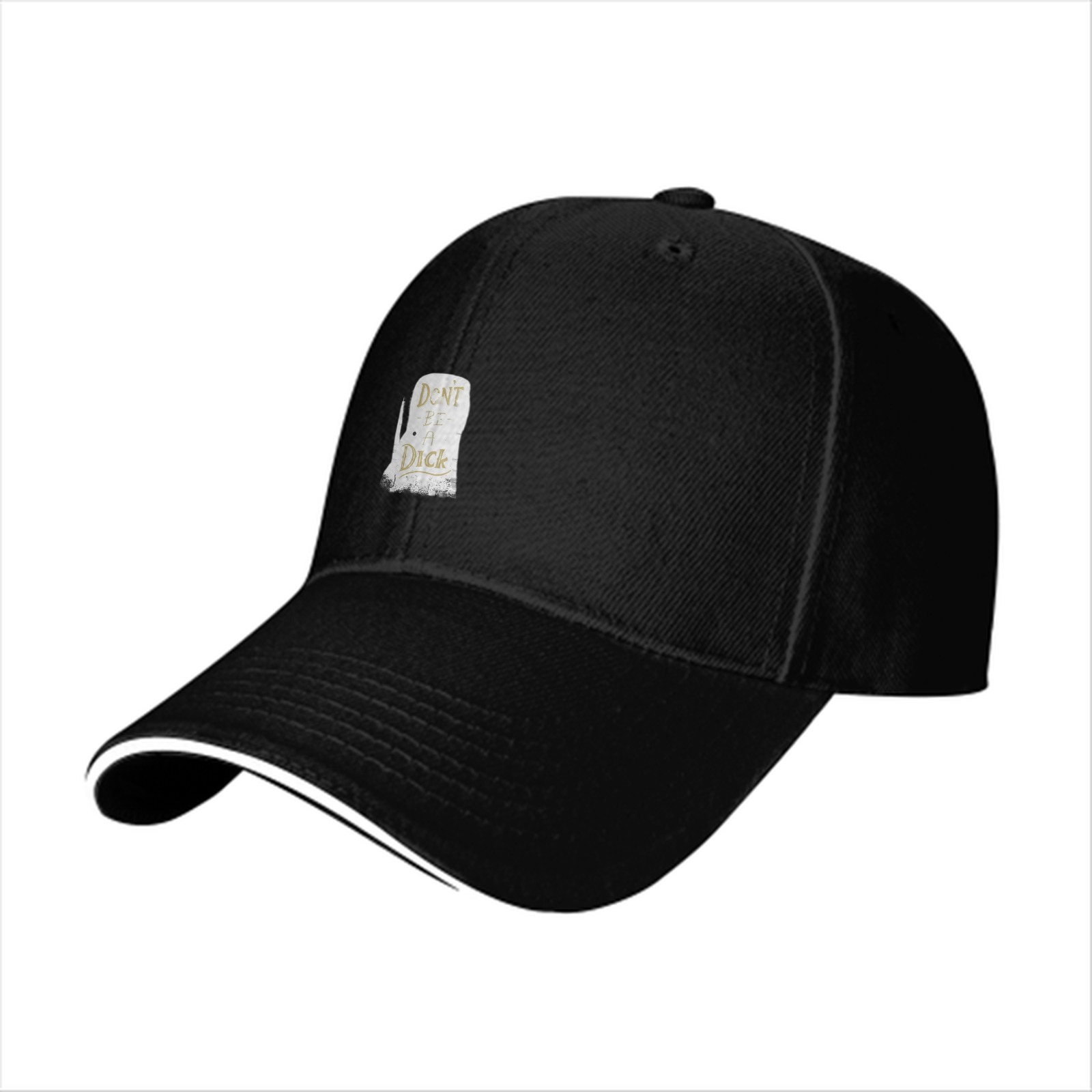 Black baseball cap with humorous tombstone graphic print