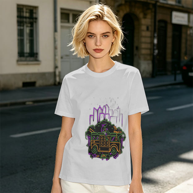 Olive T-Shirt With Neon City Bus Graphic Design