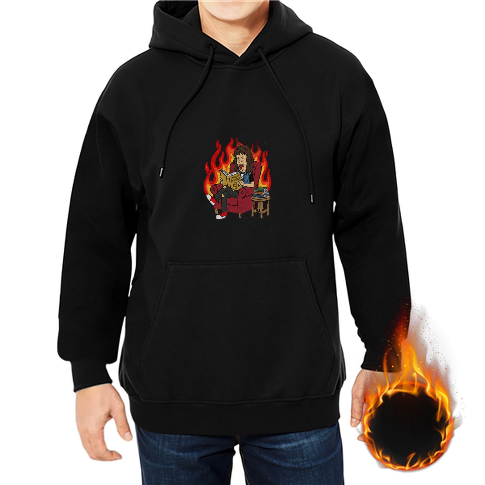 Black hoodie with cartoon character reading on flaming armchair print