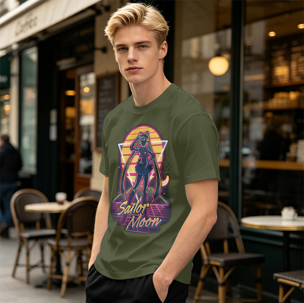 Olive Green Sailor Moon Retro Synthwave Graphic T-Shirt