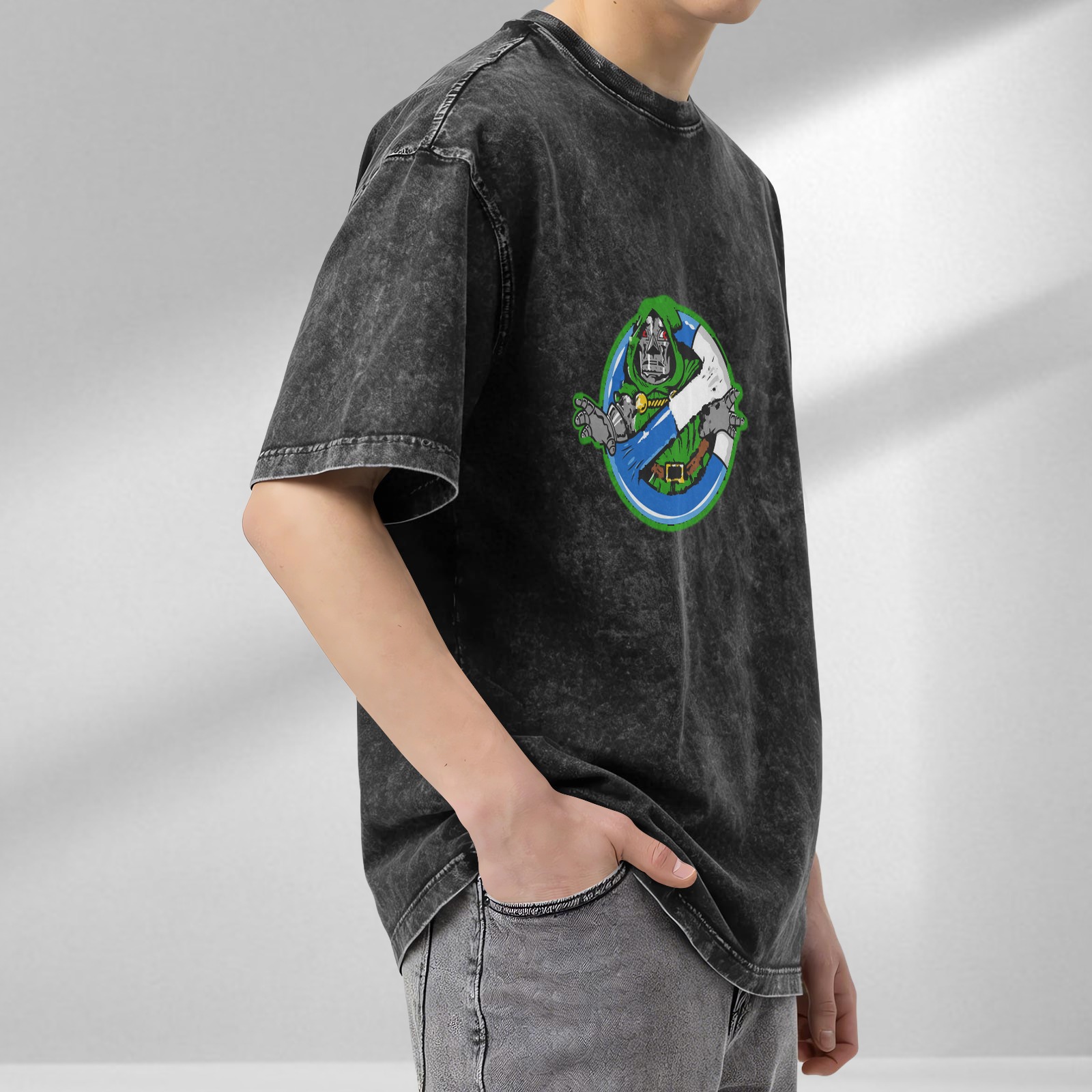 Oversized dark washed graphic tee with Doctor Doom ghostbusters style print