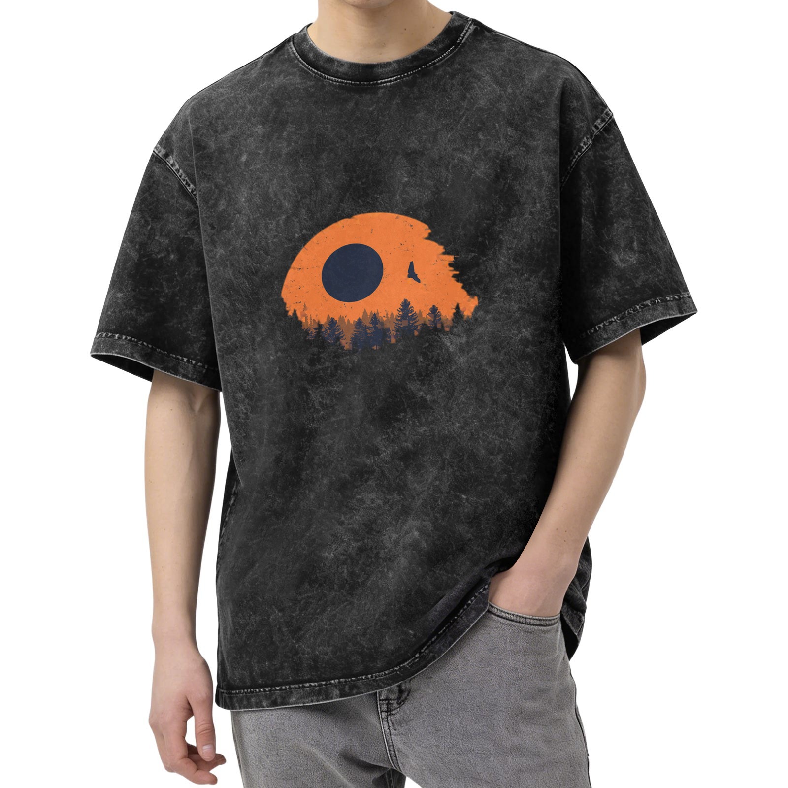 Distressed washed black loose short-sleeved T-shirt with outdoor forest sunset bird pattern design