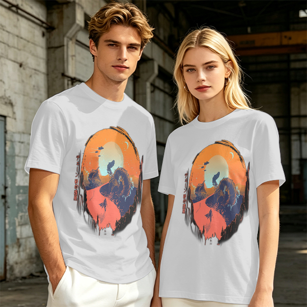 Olive T-Shirt with Sunset Mountain Wolf Silhouette Art Print