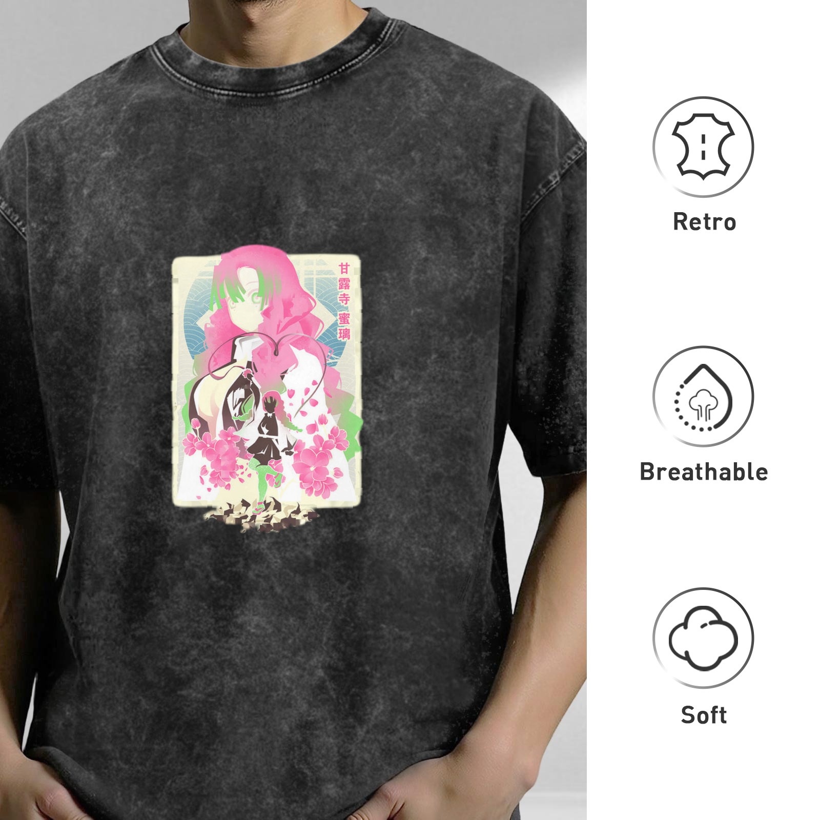 Oversized Black Acid Wash T-Shirt with Anime Character Graphic