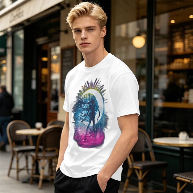 Olive T-Shirt with Crescent Moon Anime Character Silhouette Art