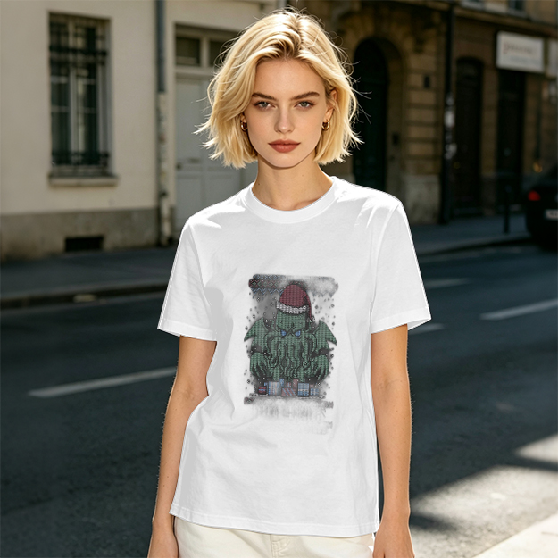 Olive T-Shirt With Christmas Cthulhu Graphic Print