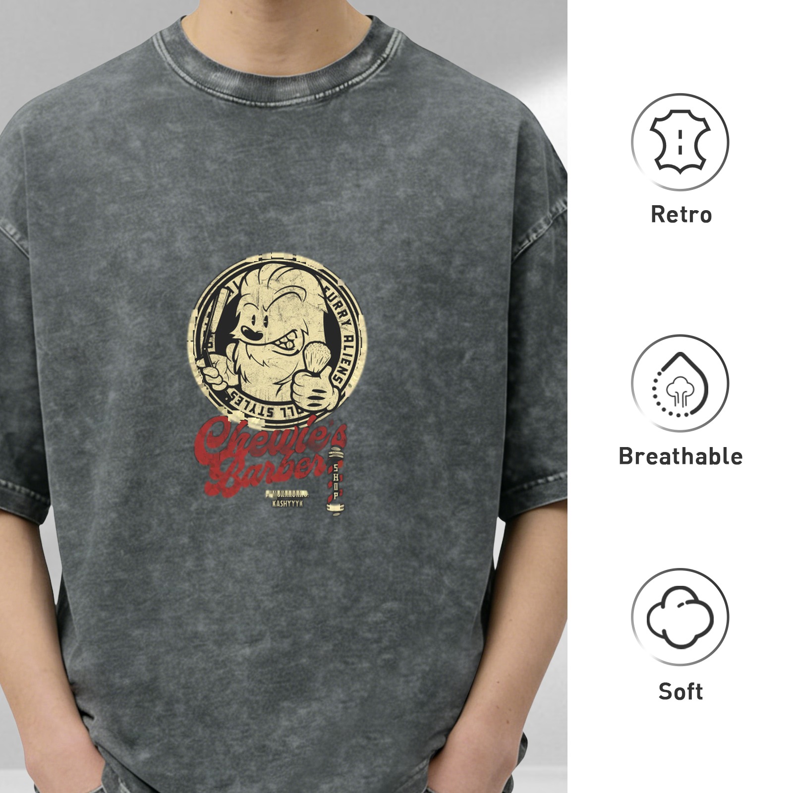 Oversized Acid Wash T-Shirt With Chewie's Barber Graphic Print