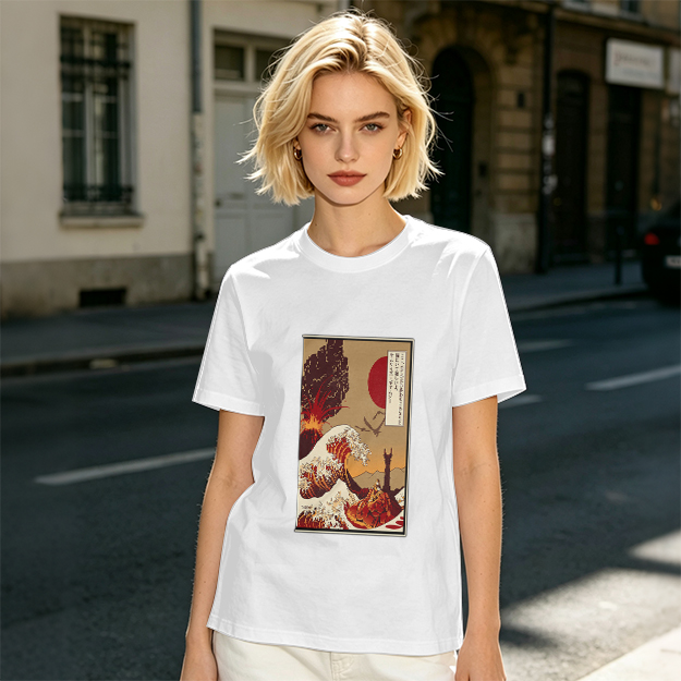 Olive T-Shirt with Ukiyo-e Style Wave and Volcano Print