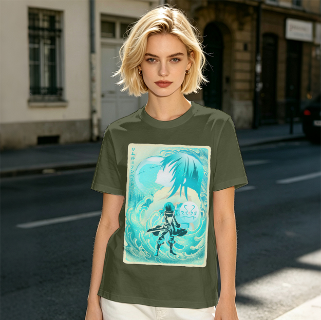 Anime character water design graphic dark green t-shirt
