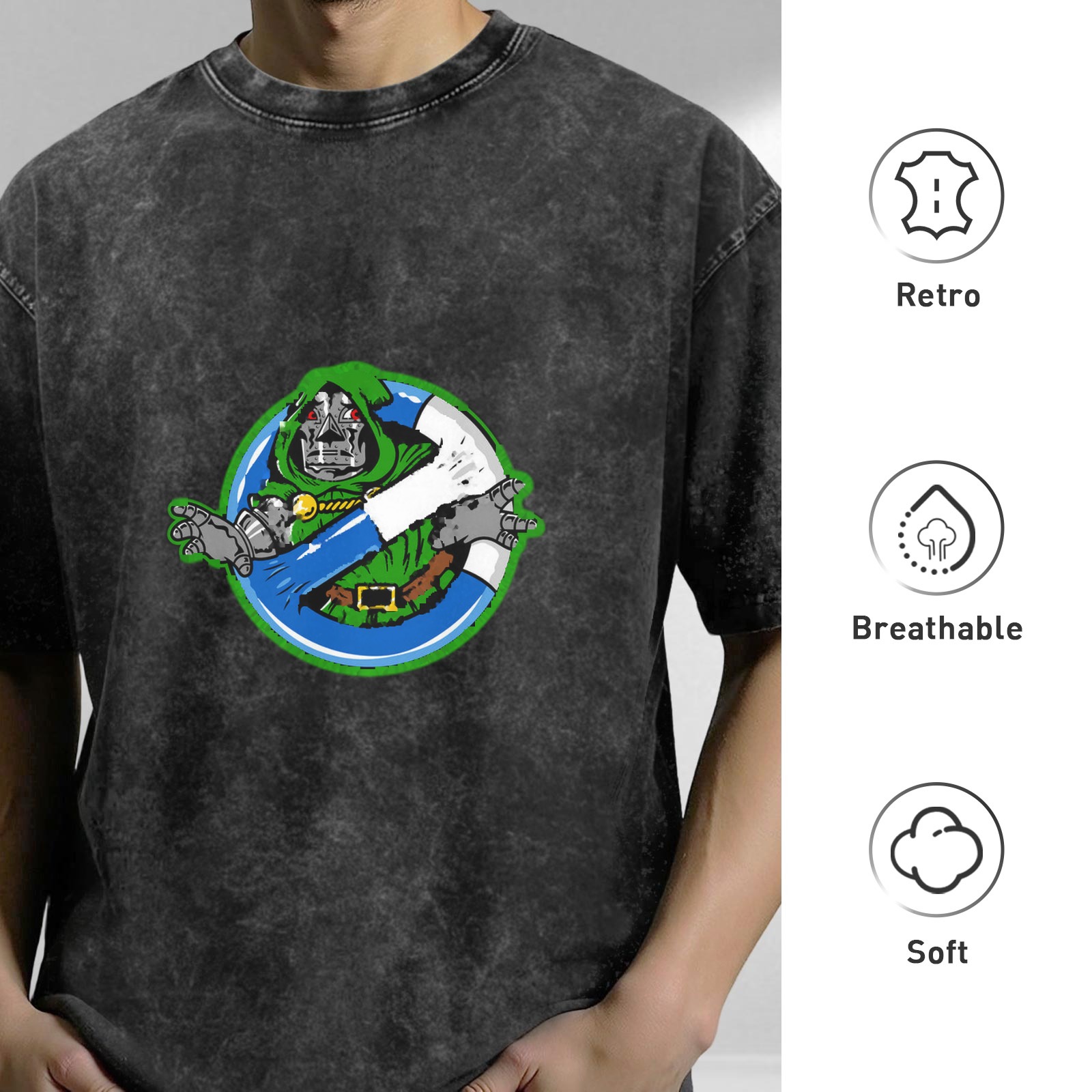 Oversized dark washed graphic tee with Doctor Doom ghostbusters style print
