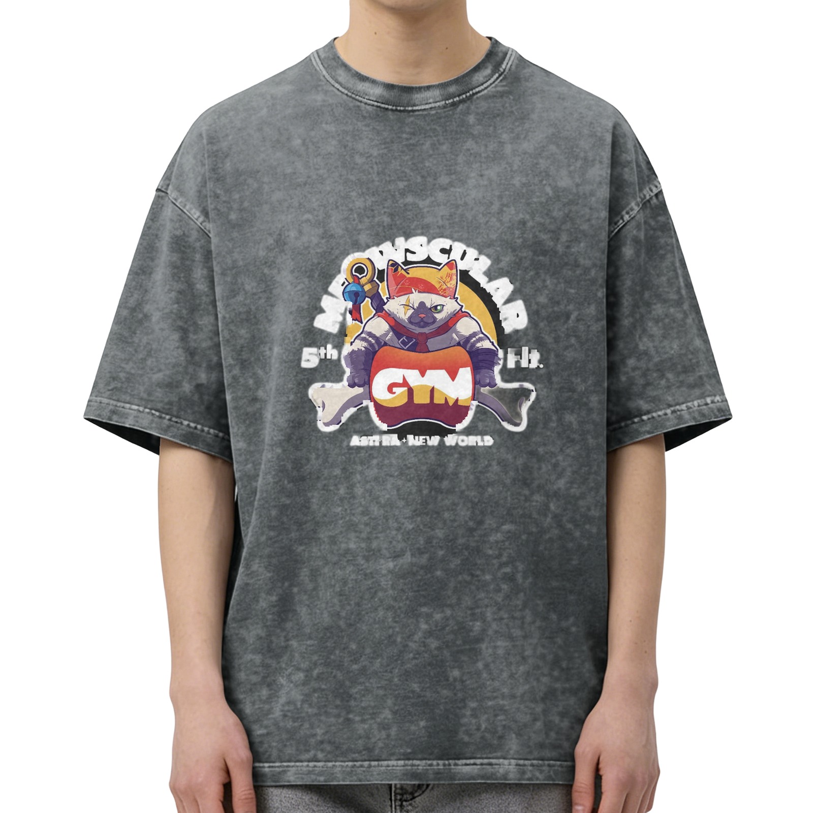 Oversized Vintage Wash T-Shirt with 'Meowscular Gym' Graphic Print