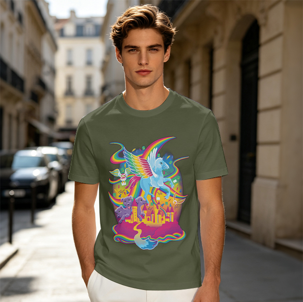 Olive T-Shirt With Whimsical Rainbow Fantasy Creature Castle Art