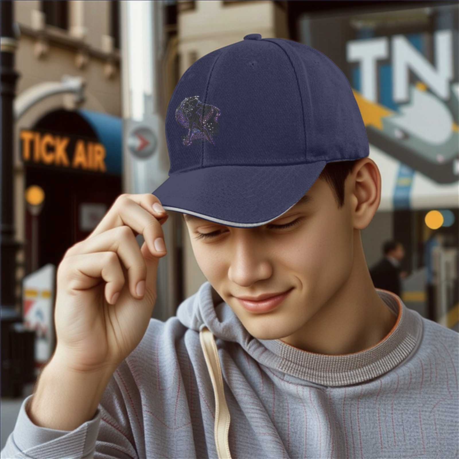 Black baseball cap with galaxy constellation silhouette graphic