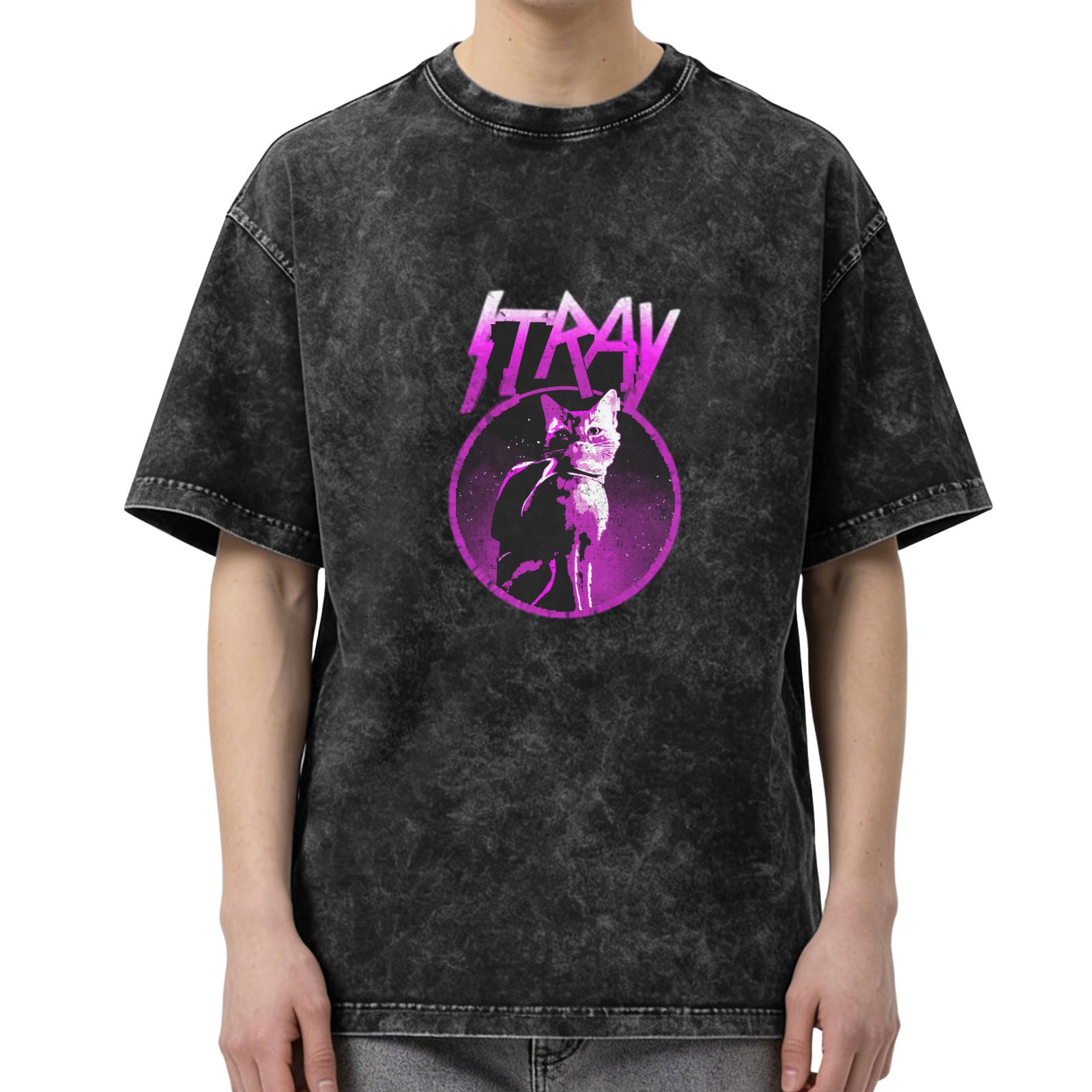 Stray Game Cat Graphic Acid Wash Black T-Shirt