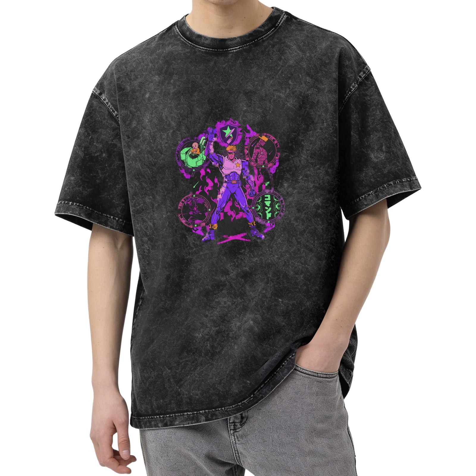 Washed Black T-Shirt with Neon Anime Superhero Graphic Print