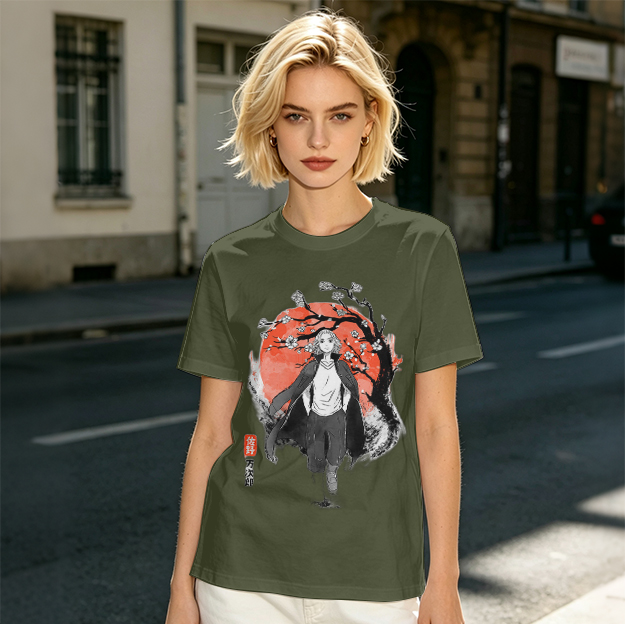 Anime Character with Cherry Blossom Red Moon Graphic T-Shirt