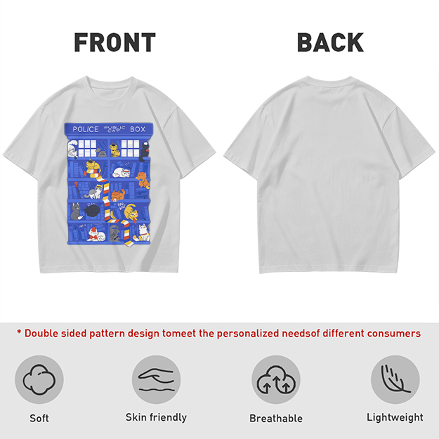 Olive T-Shirt with Police Box and Playful Cats Graphic