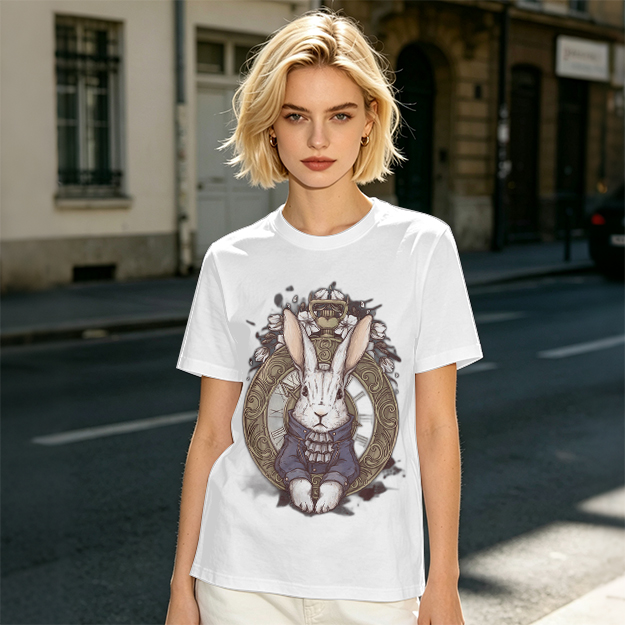 Olive T-Shirt With Steampunk White Rabbit Pocket Watch Art