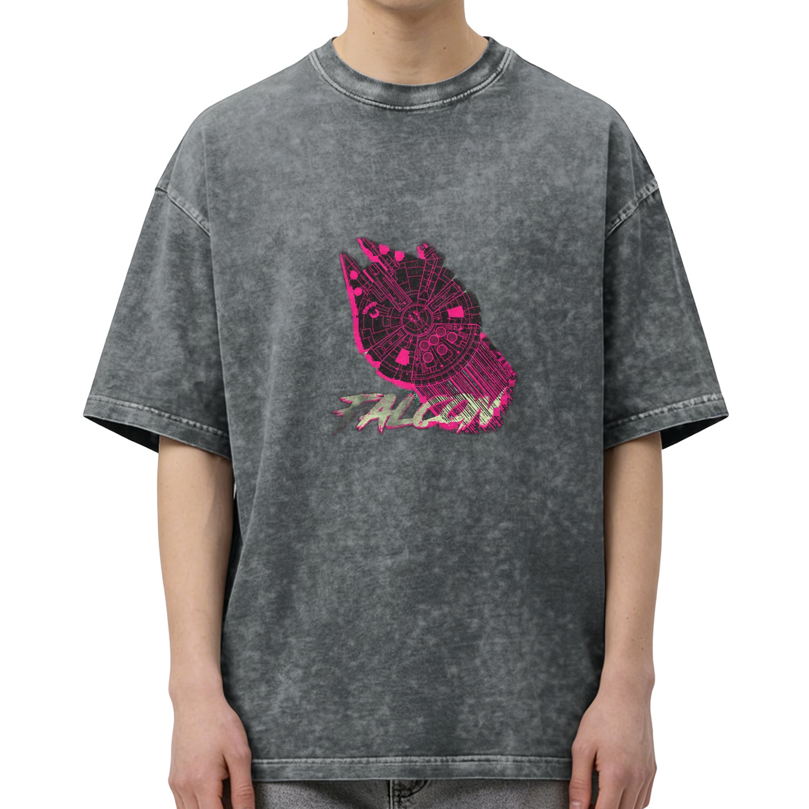 Distressed black short-sleeved T-shirt, pink Millennium Falcon pattern on the chest, FALCON print, loose fit