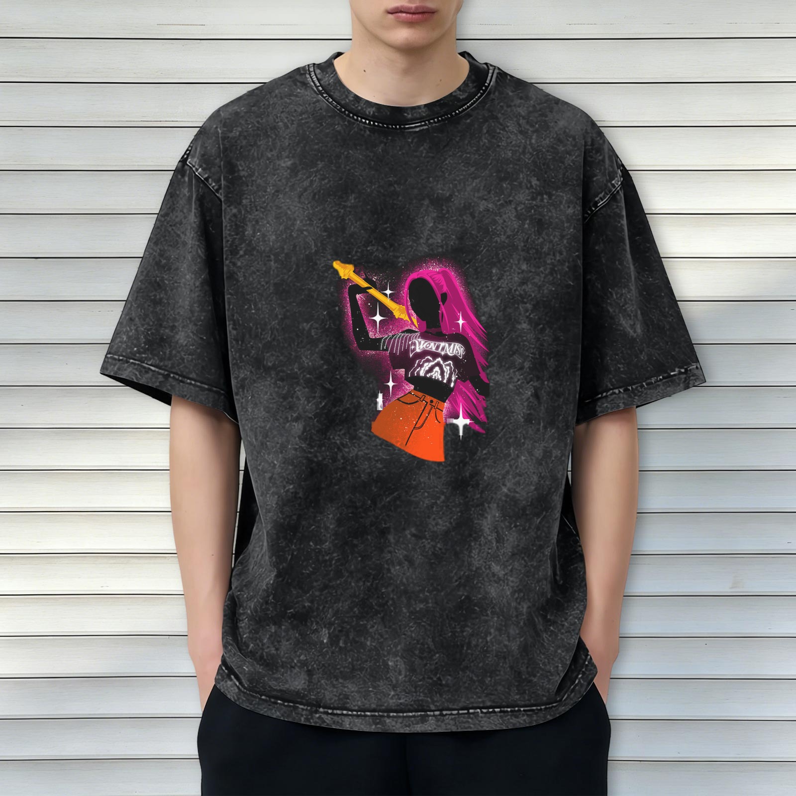 Washed black oversized graphic t-shirt with rock star silhouette print