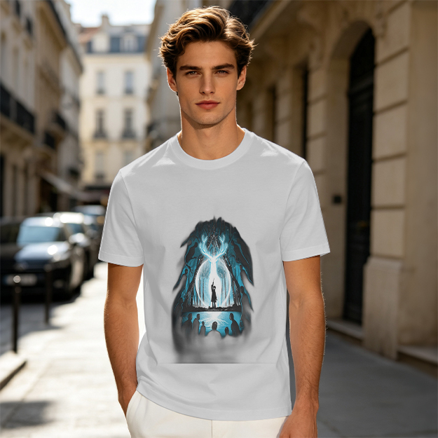 Olive T-Shirt With Glowing Deer Patronus Silhouette Art Print