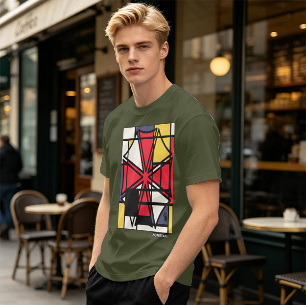 Olive T-Shirt with Mondrian-style Geometric Abstract Graphic Print