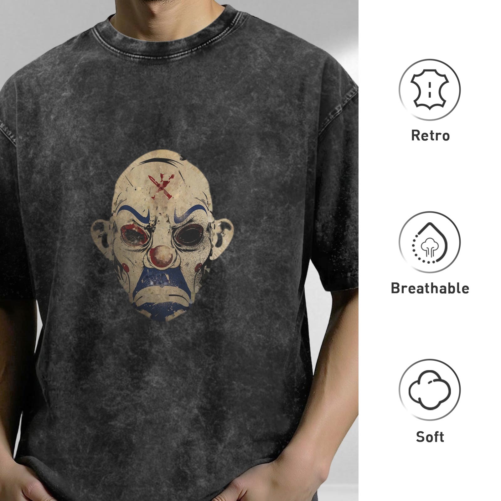 Distressed washed black loose short-sleeved T-shirt Scary clown mask printed trendy top