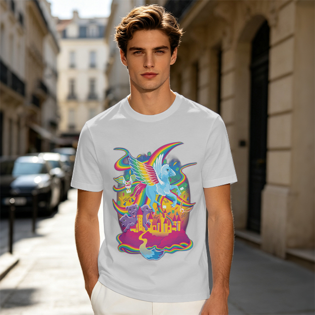 Olive T-Shirt With Whimsical Rainbow Fantasy Creature Castle Art