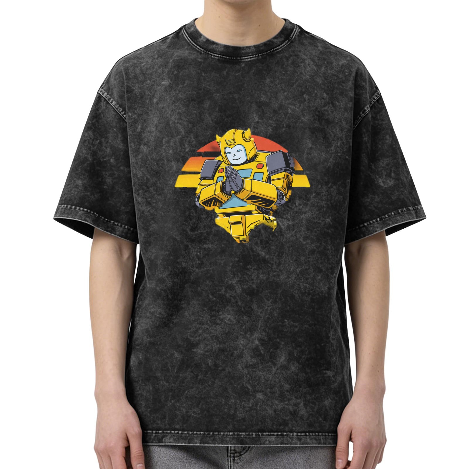 Oversized Acid Wash T-Shirt With Meditating Bumblebee Graphic