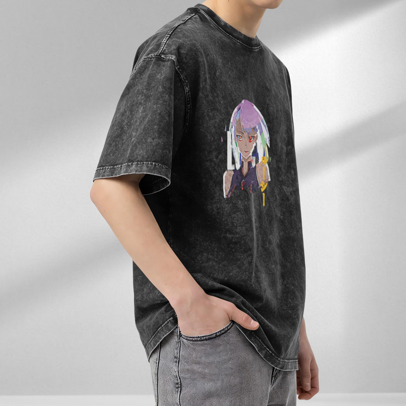 Cyberpunk Anime Character Graphic Oversized Washed Black T-Shirt
