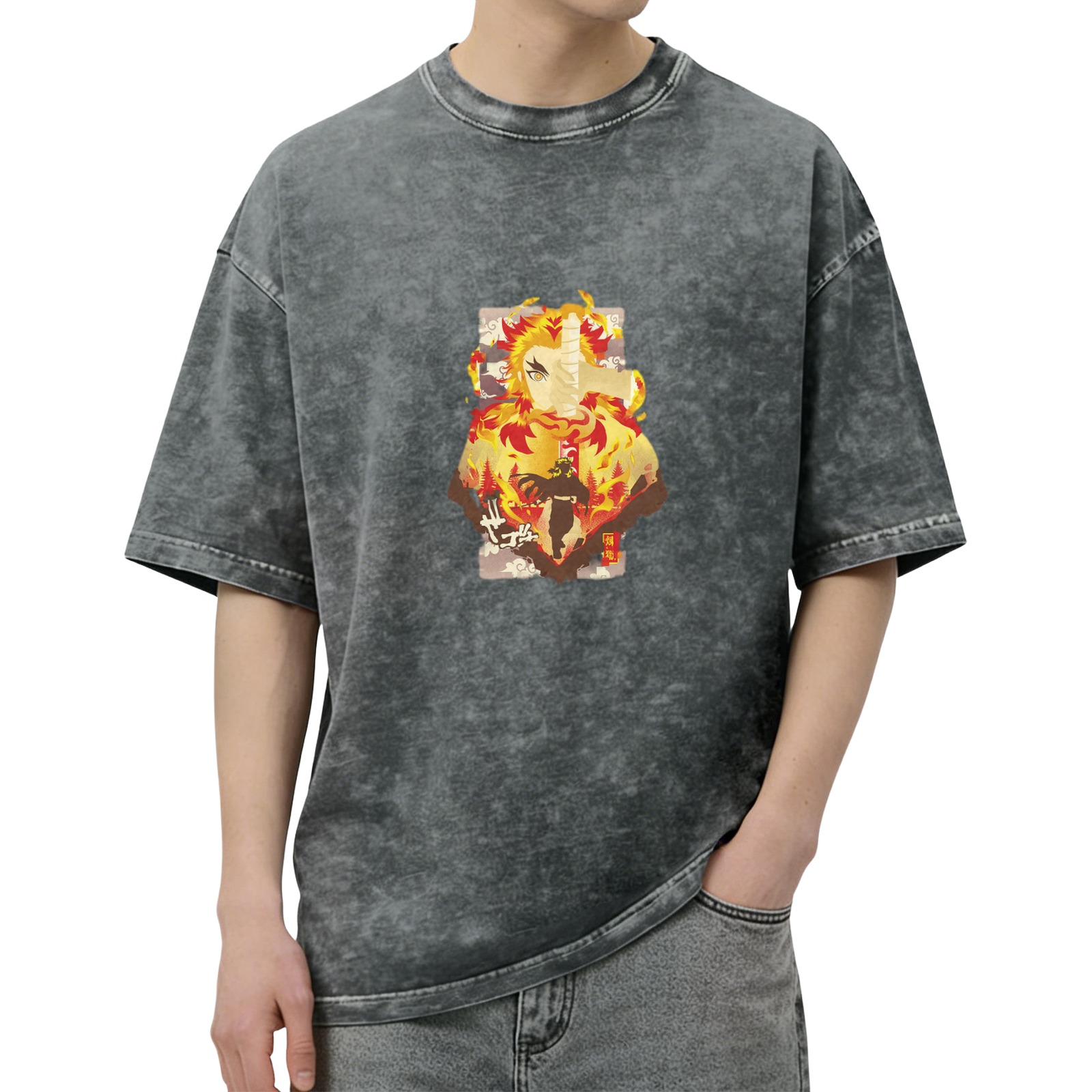 Demon Slayer Kyojuro Rengoku Flame Hashira Anime Graphic Oversized Vintage Wash T-Shirt